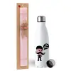 Easter Set, metallic stainless steel water bottle (750ml) & scented flat Easter candle (30cm) (PINK)