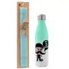 Easter Set, Metallic green/white thermos (Stainless steel), double-walled, 500ml & scented flat Easter candle (30cm) (TURQUOISE)