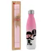 Easter Set, Metallic pink/white (Stainless steel) thermos, double-walled, 500ml & aromatic flat Easter candle (30cm) (PINK)