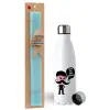 Easter Set, metallic stainless steel water bottle (750ml) & aromatic flat Easter candle (30cm) (TURQUOISE)