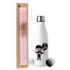 Easter Set, metallic stainless steel water bottle (750ml) & scented flat Easter candle (30cm) (PINK)