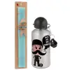 Easter Set, metallic silver aluminum water bottle (500ml) & scented flat Easter candle (30cm) (TURQUOISE)