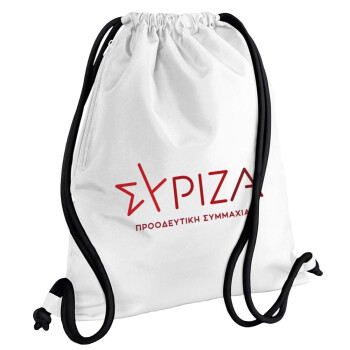 Σύριζα το νέο, Backpack pouch GYMBAG white, with pocket (40x48cm) & thick cords