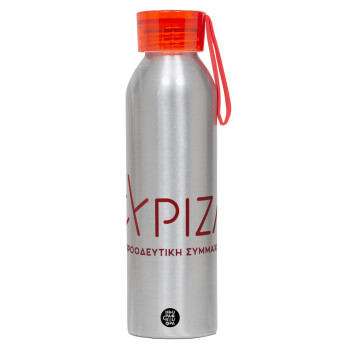 Σύριζα το νέο, Αλουμινένιο Αθλητικό Μπουκάλι 650ml – Ασημί με Κόκκινο Καπάκι και Λουράκι Σιλικόνης