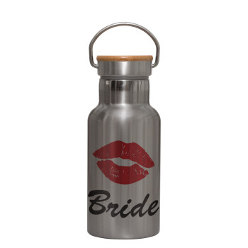 Bride kiss, Stainless steel metallic thermos flask, silver with a bamboo lid, double-walled, 350ml.