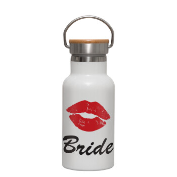 Bride kiss, Μεταλλικό παγούρι θερμός (Stainless steel) Λευκό με ξύλινο καπακι (bamboo), διπλού τοιχώματος, 350ml