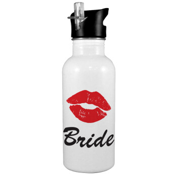 Bride kiss, White water bottle with straw, stainless steel 600ml