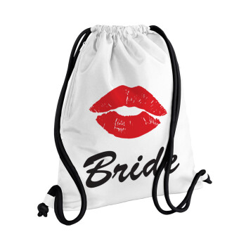 Bride kiss, Τσάντα πλάτης πουγκί GYMBAG λευκή, με τσέπη (40x48cm) & χονδρά κορδόνια