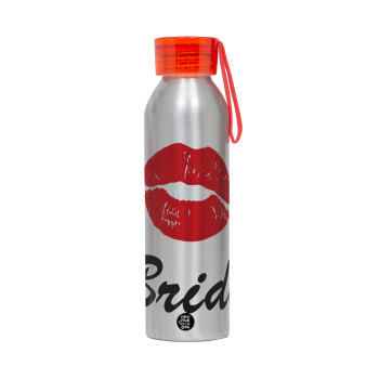 Bride kiss, Aluminum Sports Bottle 650ml – Silver with Red Cap and Silicone Strap