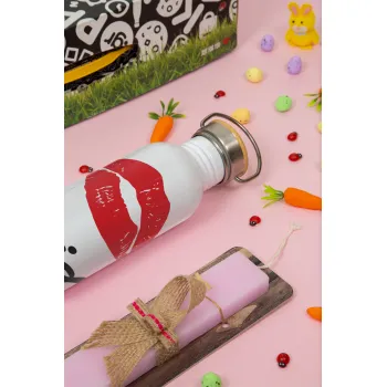 Bride kiss, Πασχαλινή Λαμπάδα με παγούρι μεταλλικό (620ml, stainless steel) & κερί αρωματικό πλακέ (30cm) (ΡΟΖ)