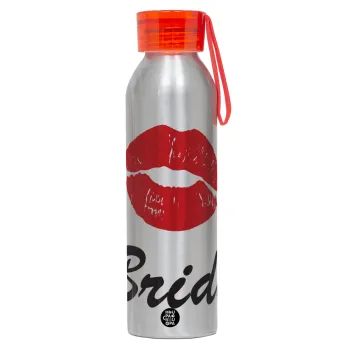 Bride kiss, Αλουμινένιο Αθλητικό Μπουκάλι 650ml – Ασημί με Κόκκινο Καπάκι και Λουράκι Σιλικόνης