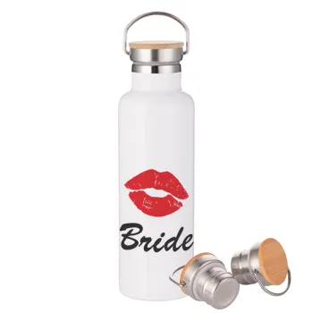 Bride kiss, Μεταλλικό παγούρι θερμός (Stainless steel) Λευκό με ξύλινο καπάκι (bamboo), διπλού τοιχώματος, 750ml
