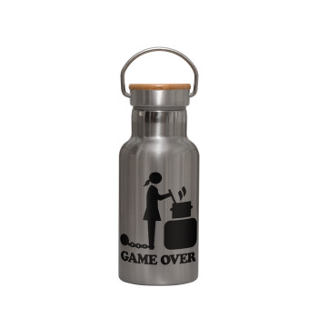 Woman Game Over, Stainless steel metallic thermos flask, silver with a bamboo lid, double-walled, 350ml.