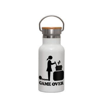 Woman Game Over, Μεταλλικό παγούρι θερμός (Stainless steel) Λευκό με ξύλινο καπακι (bamboo), διπλού τοιχώματος, 350ml