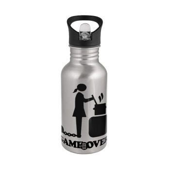 Woman Game Over, Water bottle Silver with straw, stainless steel 500ml