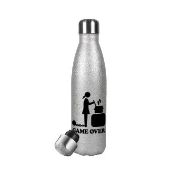 Woman Game Over, Μεταλλικό παγούρι θερμός Glitter Aσημένιο (Stainless steel), διπλού τοιχώματος, 500ml