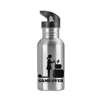 Woman Game Over, Water bottle Silver with straw, stainless steel 600ml