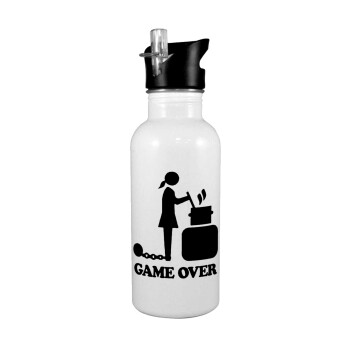 Woman Game Over, White water bottle with straw, stainless steel 600ml