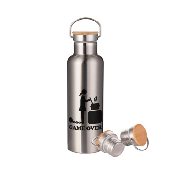 Woman Game Over, Stainless steel Silver with wooden lid (bamboo), double wall, 750ml