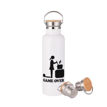 Woman Game Over, Μεταλλικό παγούρι θερμός (Stainless steel) Λευκό με ξύλινο καπάκι (bamboo), διπλού τοιχώματος, 750ml
