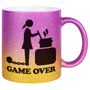 Woman Game Over, Κούπα Χρυσή/Ροζ Glitter, κεραμική, 330ml