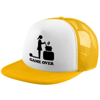 Woman Game Over, Καπέλο Ενηλίκων Soft Trucker με Δίχτυ Κίτρινο/White (POLYESTER, ΕΝΗΛΙΚΩΝ, UNISEX, ONE SIZE)