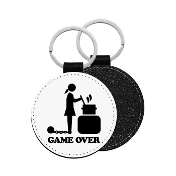 Woman Game Over, Μπρελόκ Δερματίνη, στρογγυλό ΜΑΥΡΟ (5cm)