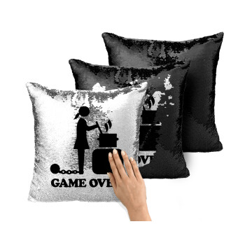 Woman Game Over, Μαξιλάρι καναπέ Μαγικό Μαύρο με πούλιες 40x40cm περιέχεται το γέμισμα