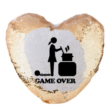 Woman Game Over, Μαξιλάρι καναπέ καρδιά Μαγικό Χρυσό με πούλιες 40x40cm περιέχεται το  γέμισμα