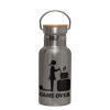 Stainless steel metallic thermos flask, silver with a bamboo lid, double-walled, 350ml.