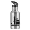 Water bottle Silver with straw, stainless steel 600ml