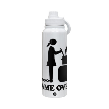 Woman Game Over, 1L Stainless Steel Thermal Bottle with Phone Holder & Double Wall Insulation