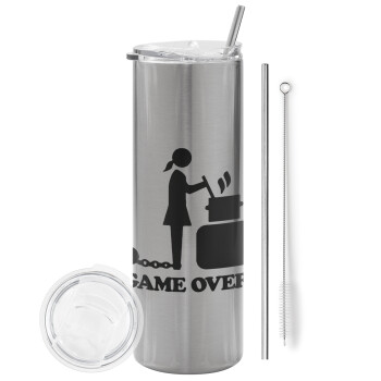 Woman Game Over, Eco friendly stainless steel Silver tumbler 600ml, with metal straw & cleaning brush