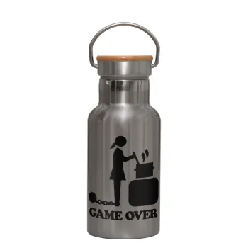 Woman Game Over, Μεταλλικό παγούρι θερμός (Stainless steel) Ασημένιο με ξύλινο καπακι (bamboo), διπλού τοιχώματος, 350ml