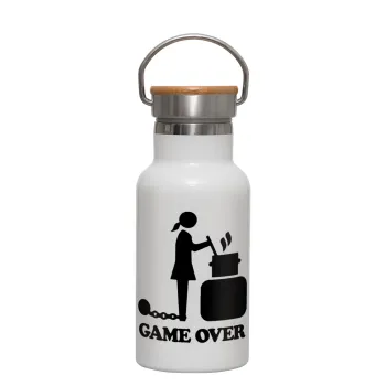 Woman Game Over, Μεταλλικό παγούρι θερμός (Stainless steel) Λευκό με ξύλινο καπακι (bamboo), διπλού τοιχώματος, 350ml