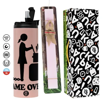Woman Game Over, Πασχαλινή Λαμπάδα με  ΡΟΖ Travel Tumbler θερμό (600ml, BPA free) & κερί αρωματικό πλακέ (30cm) (ΡΟΖ)