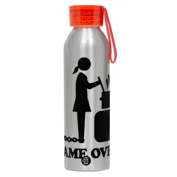 Woman Game Over, Αλουμινένιο Αθλητικό Μπουκάλι 650ml – Ασημί με Κόκκινο Καπάκι και Λουράκι Σιλικόνης