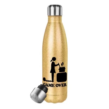 Woman Game Over, Μεταλλικό παγούρι θερμός Glitter χρυσό (Stainless steel), διπλού τοιχώματος, 500ml