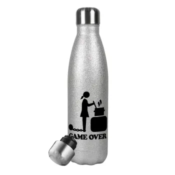 Woman Game Over, Μεταλλικό παγούρι θερμός Glitter Aσημένιο (Stainless steel), διπλού τοιχώματος, 500ml
