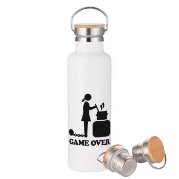 Woman Game Over, Μεταλλικό παγούρι θερμός (Stainless steel) Λευκό με ξύλινο καπάκι (bamboo), διπλού τοιχώματος, 750ml