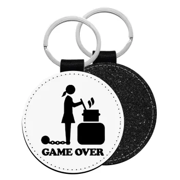 Woman Game Over, Μπρελόκ Δερματίνη, στρογγυλό ΜΑΥΡΟ (5cm)