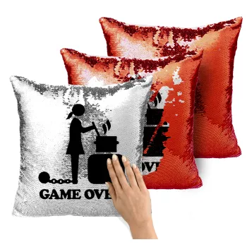 Woman Game Over, Μαξιλάρι καναπέ Μαγικό Κόκκινο με πούλιες 40x40cm περιέχεται το γέμισμα