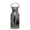 Stainless steel metallic thermos flask, silver with a bamboo lid, double-walled, 350ml.