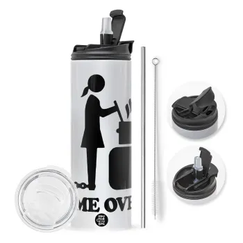 Woman Game Over, Travel Tumbler θερμό με διπλό καπάκι, μεταλλικό καλαμάκι και βούρτσα καθαρισμού (Ανωξείδωτο 304 Food grade, BPA free, 600ml)