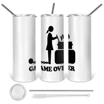 Woman Game Over, Tumbler ποτήρι θερμό από ανοξείδωτο ατσάλι 600ml, με μεταλλικό καλαμάκι & βούρτσα καθαρισμού
