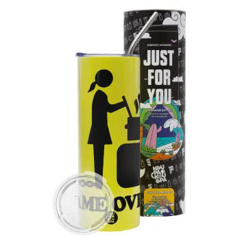 Woman Game Over, Neon Yellow Travel Tumbler θερμό, μεταλλικό καλαμάκι(Ανωξείδωτο 304 Food grade, BPA free, 600ml)