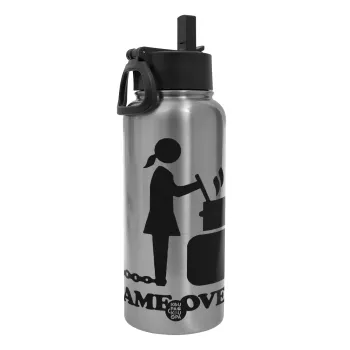 Woman Game Over, Metal mug thermo Silver with Straw and Spout Lid (Stainless steel), double wall, 950ml