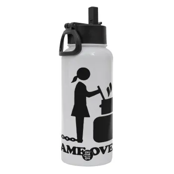 Woman Game Over, Metal mug thermo White with Straw and Spout Lid (Stainless steel), double wall, 950ml