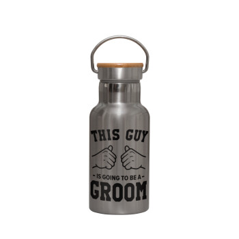 This Guy is going to be a GROOM, Stainless steel metallic thermos flask, silver with a bamboo lid, double-walled, 350ml.