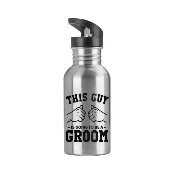 This Guy is going to be a GROOM, Water bottle Silver with straw, stainless steel 600ml